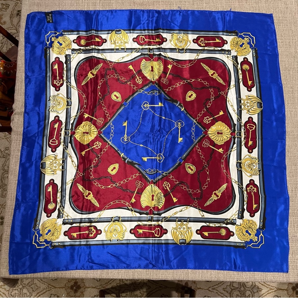Vintage Blue and Red Silk Scarf with Gold Accents